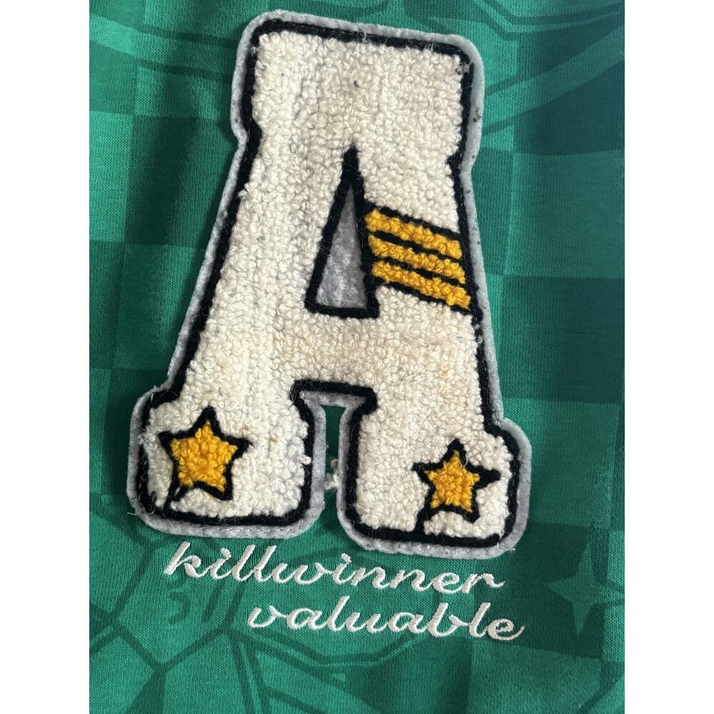 Kids Varsity Jacket Green White Patches Snap Front Size 9 10Y